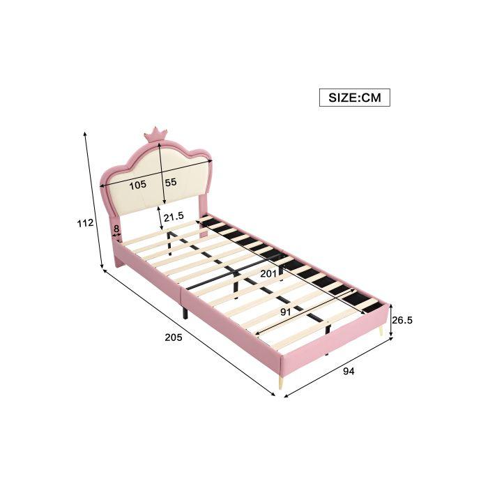 Lit simple - MUVOE - 90x200 cm - Rembourré - Métal - Rose + Blanc