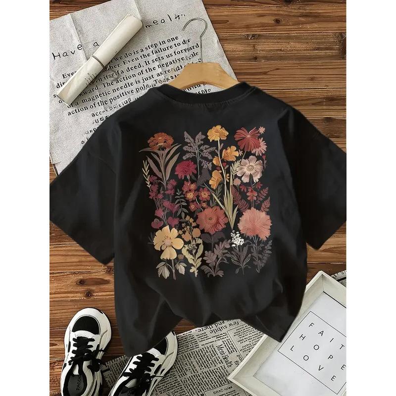 Summer Flower 100% Cotton Y2k T-Shirt Female Funny T-shirt