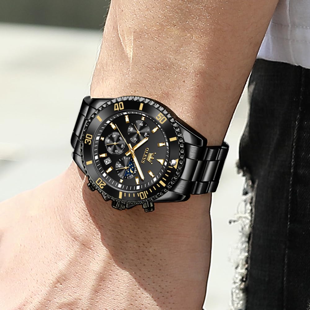 OLEVS Men's Watch Stylish Black Popular Waterproof Quartz Analog Chronograph Stainless Steel Metal Band Simple Easy-to-Read Business Casual Fashion