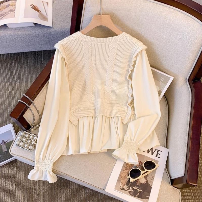 2024 Loose Fit Patchwork Knitted Sweater with Lotus Leaf Details