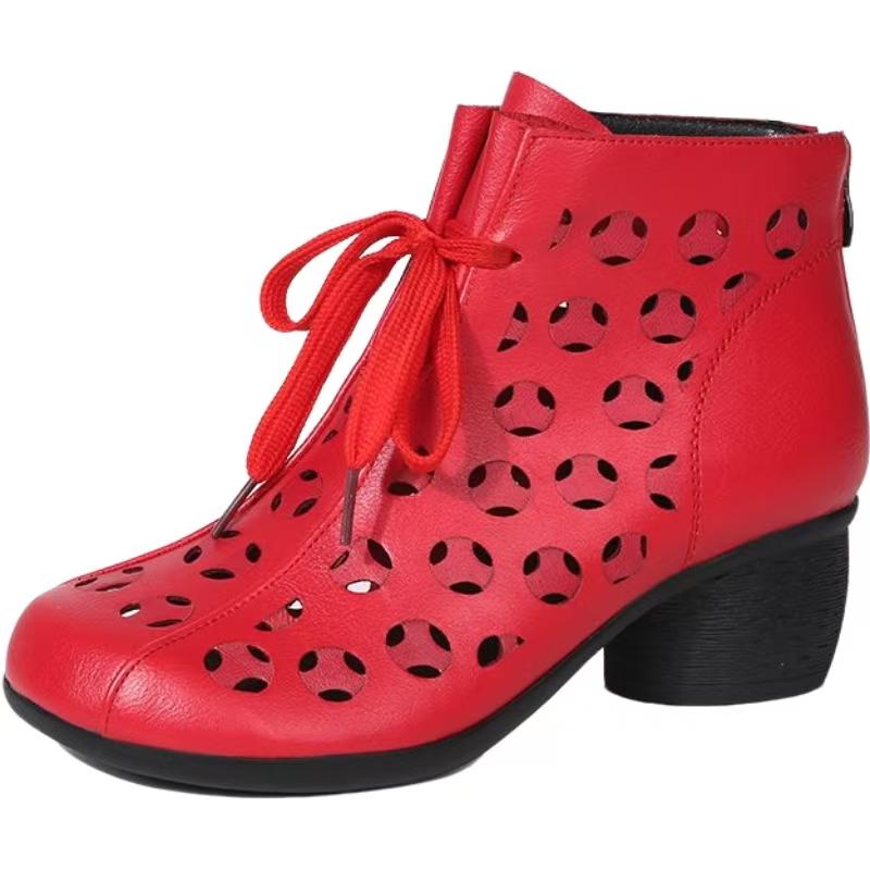 

Women s Leather Hollow Out Block Heel Cool Boots Spring Summer New Round Toe Soft Sole Breathable Zippers Cave Ankle Boots 36