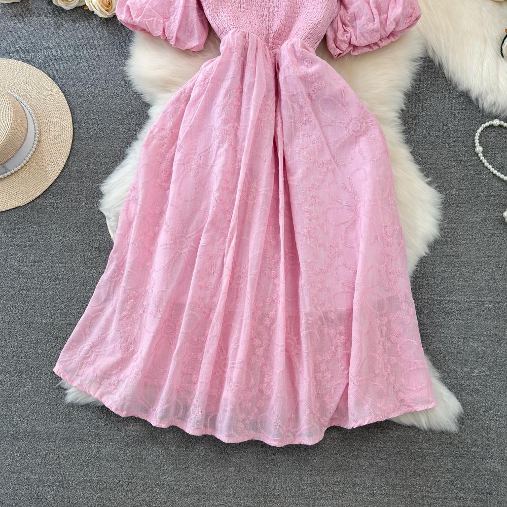 Fashion Dress for Women Square Collar Puff Sleeve A-line Floral Texture Vestido Womens Solid Color Folds Dresses Summer Dropship
