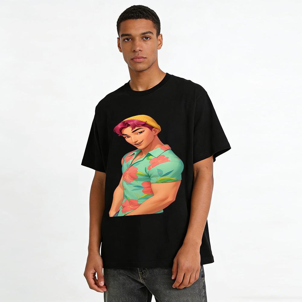 Summer Vacation Style Pink Handsome Guy Print Short Sleeve T-Shirt Casual Loose Trendy Top Pure cotton T-shirt