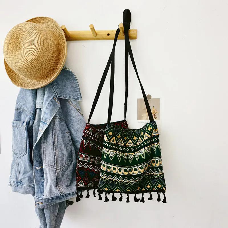 WTEMPO Ethnic Style Casual Versatile Single Shoulder Bags Women's Commuting Printed Handbags Large Capacity Canvas Bags