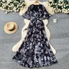 Spring women's dress French high-end strap waist V-neck irregular printed chiffon dress