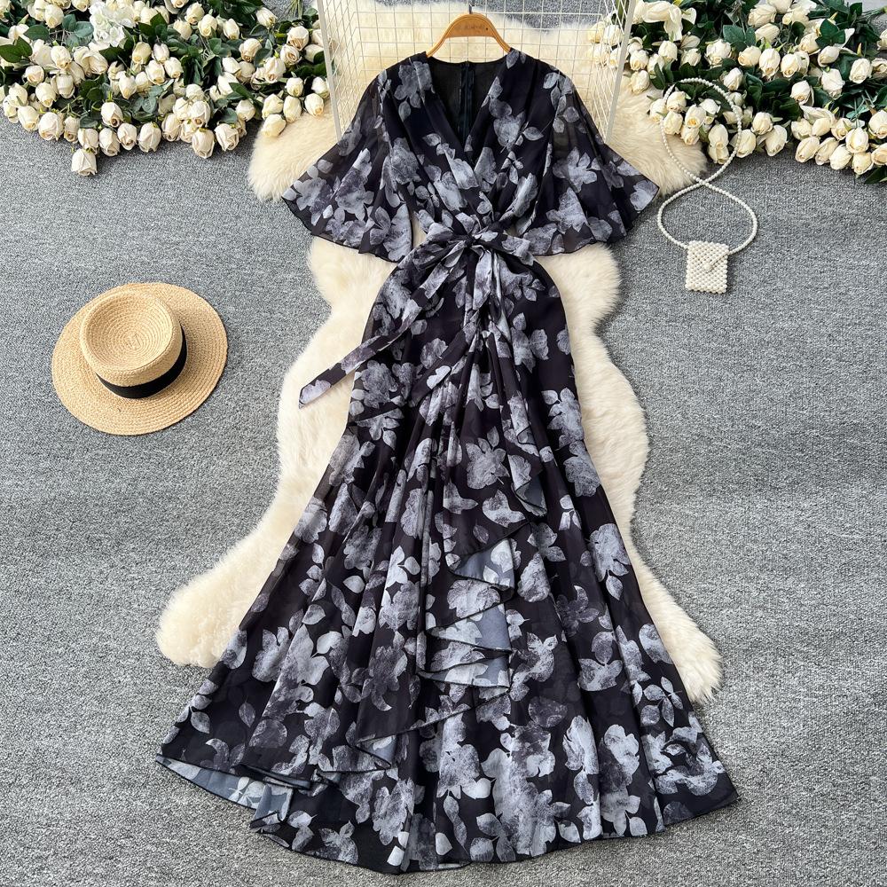 Spring women's dress French high-end strap waist V-neck irregular printed chiffon dress