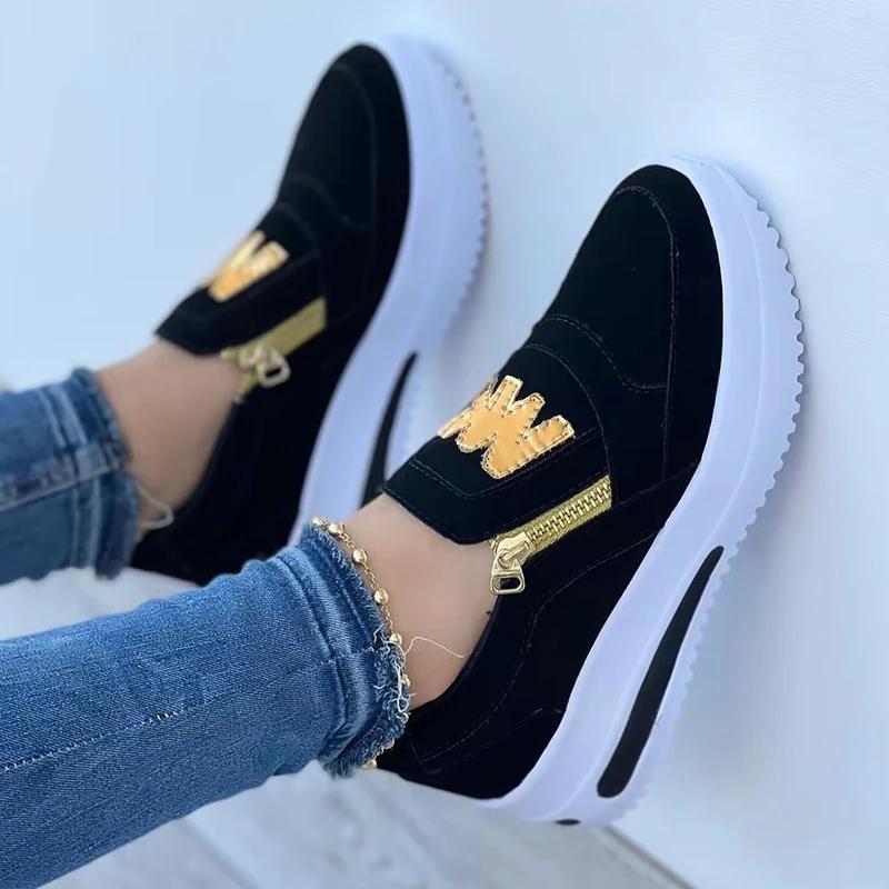 Vulcanized Shoes for Women Side Zipper Platform Tennis Female Sneakers Flat Shoes Solid Pu Leather Non Slip Shoe Chaussure Femme