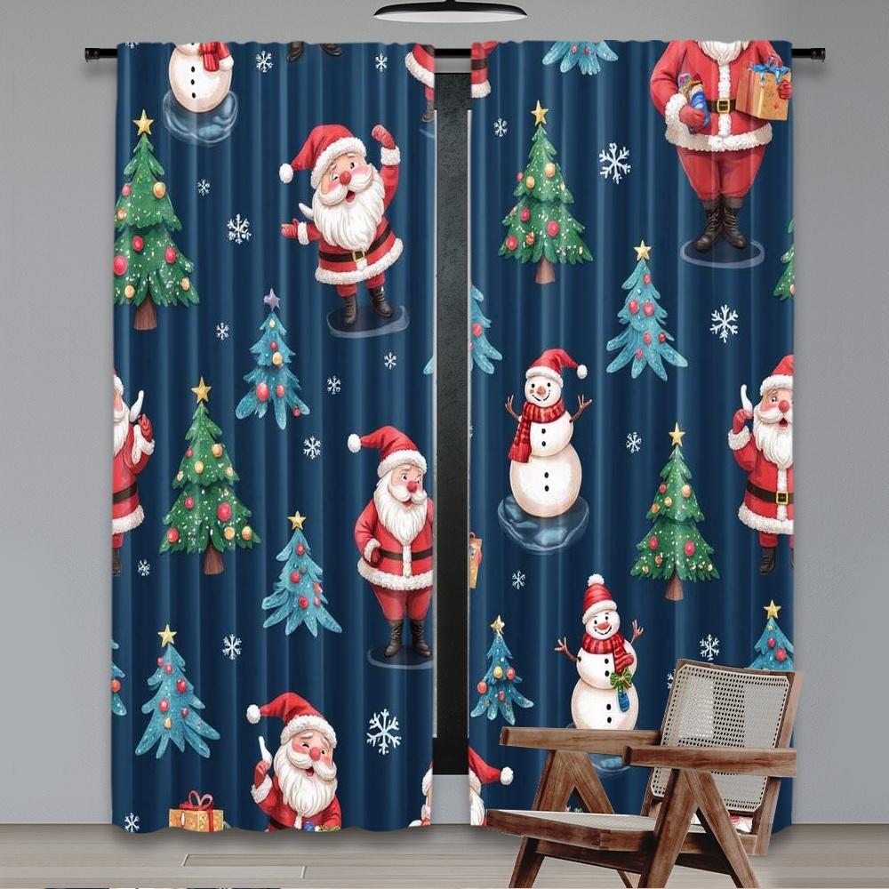 2pcs 2D flat printing Christmas Window Curtains Blue Cartoon Santa Claus Fabric Without Electricity Birthday Party Perfect for