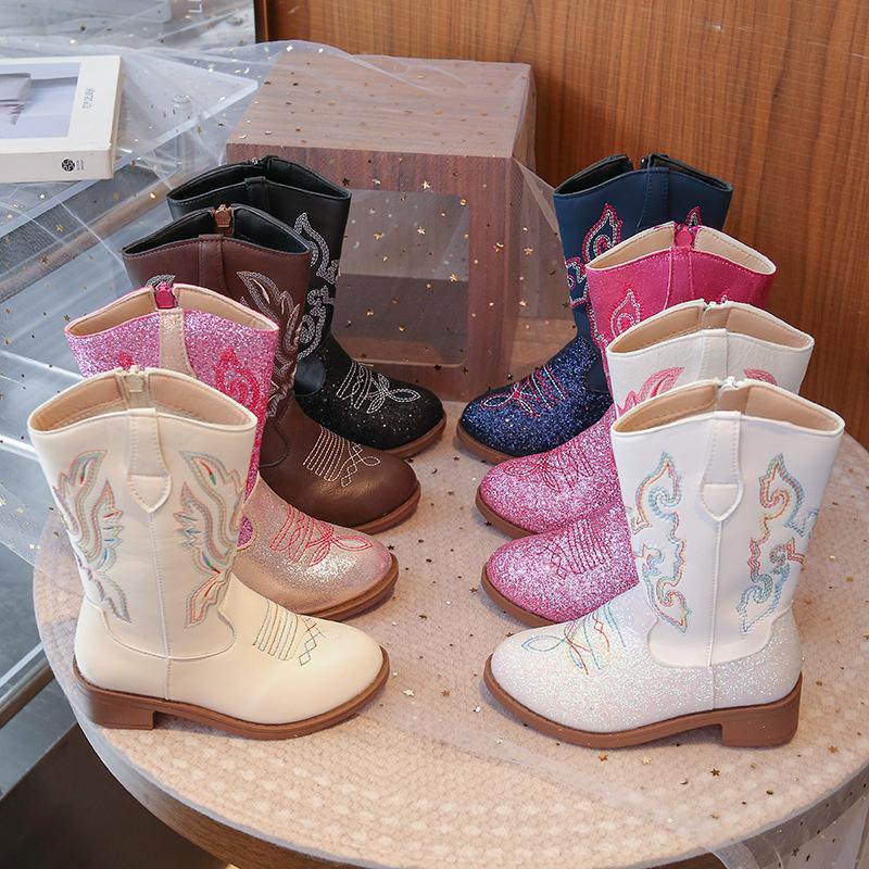 Stivali Alti da Principessa per Bambina Autunno Inverno Stivali Lunghi in Denim per Bambina Stivali Western in Ecopelle Ricamati per Bambini Taglia 27-37