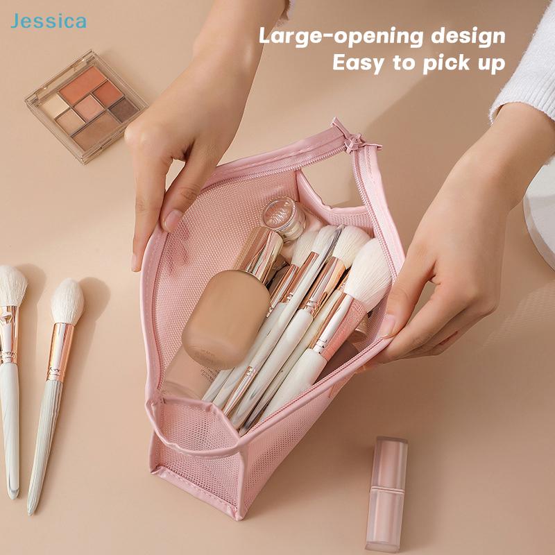 Mesh Makeup Bag - 1pcs Transparent Cosmetic Organizer with Handle, Travel Toiletry Storage Pouch