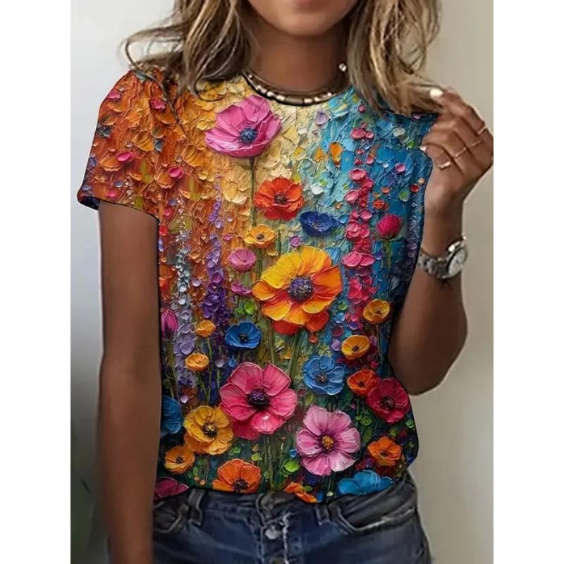Summer Casual Printed Comfortable Temperament Round Neck Pullover Short Sleeved Women's Shirt