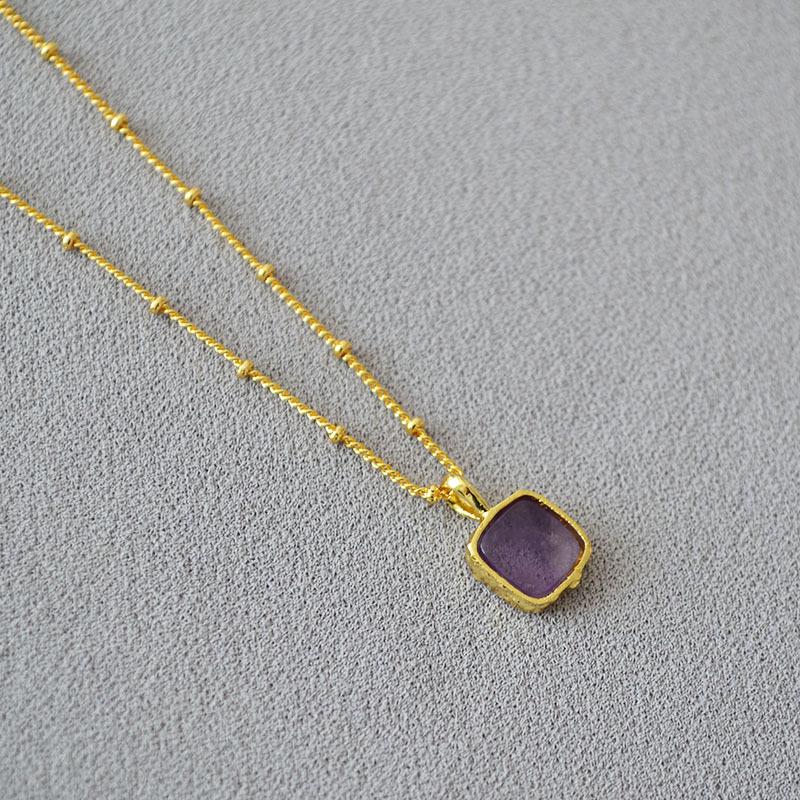 European & American Minimalist Geometric Stone Layered Necklace – Gold-Plated Brass Square Design