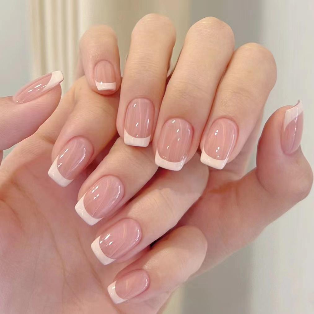 24PCS Simple French False Nails Glossy Pink Gradient Short Square Press On Nails Full Cover Acrylic Wearable False Nail Finished