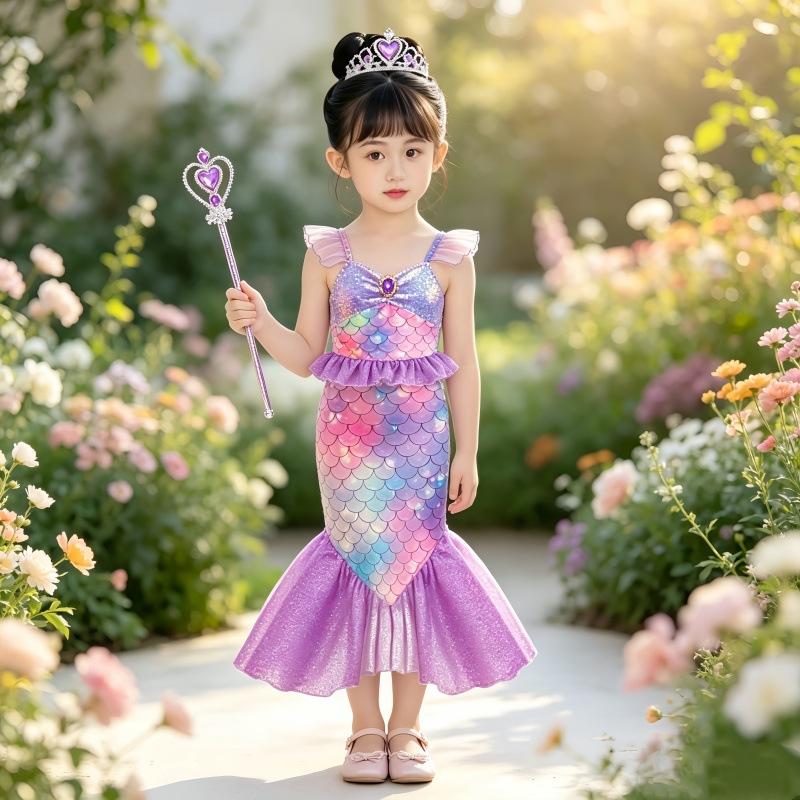 Little Girls Mermaid Sequin Wing Dress Princess Gown Stage Performance Costume