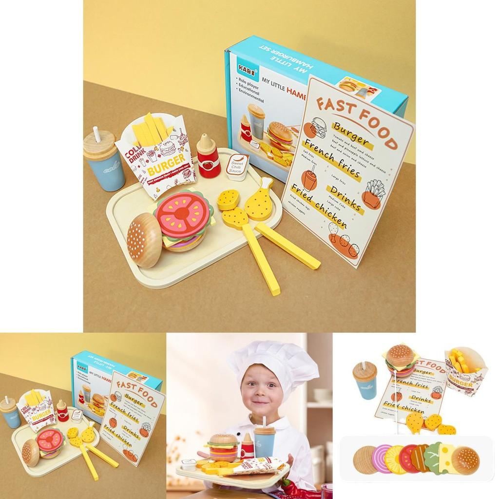 Fun Wooden Simulation Burger French Fries Beverage Kid Toy Set For Kids Learning And Imagination