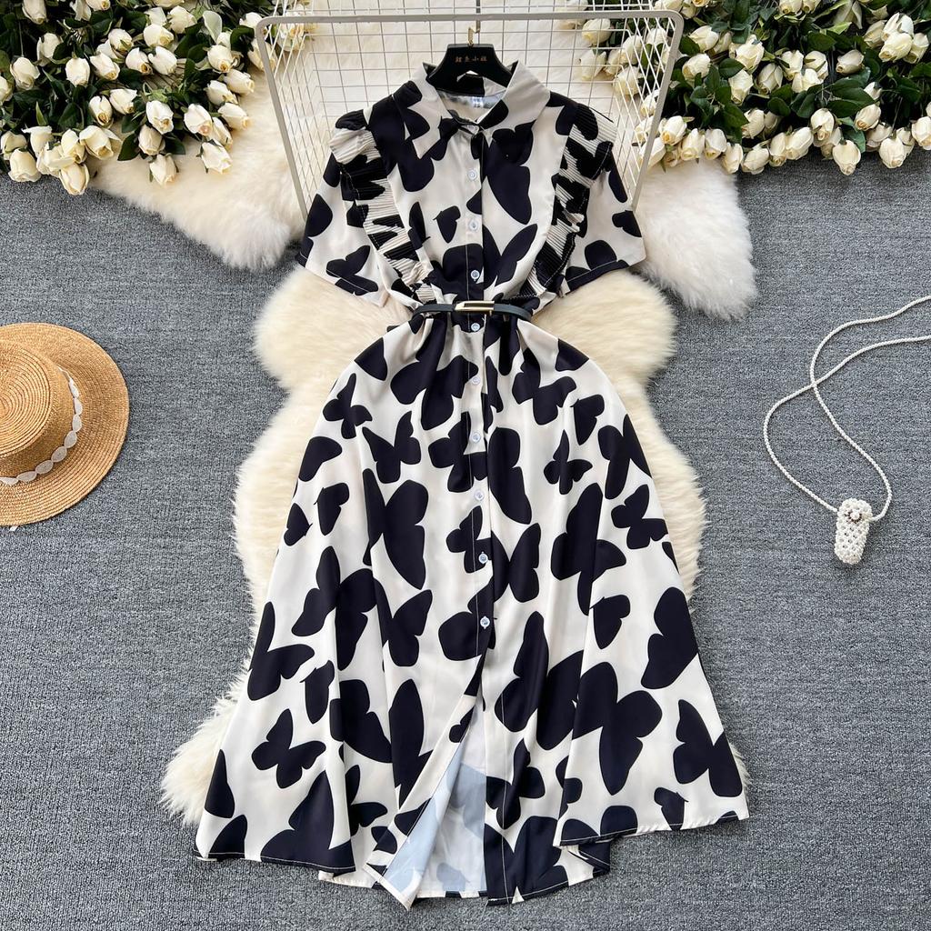 Šik Elegantní Potisk Jedlá Stromová Houba Krátký Rukáv Elegantní Zavinovací Límec Bodycon Šaty Módní Štíhlé Letní Šaty