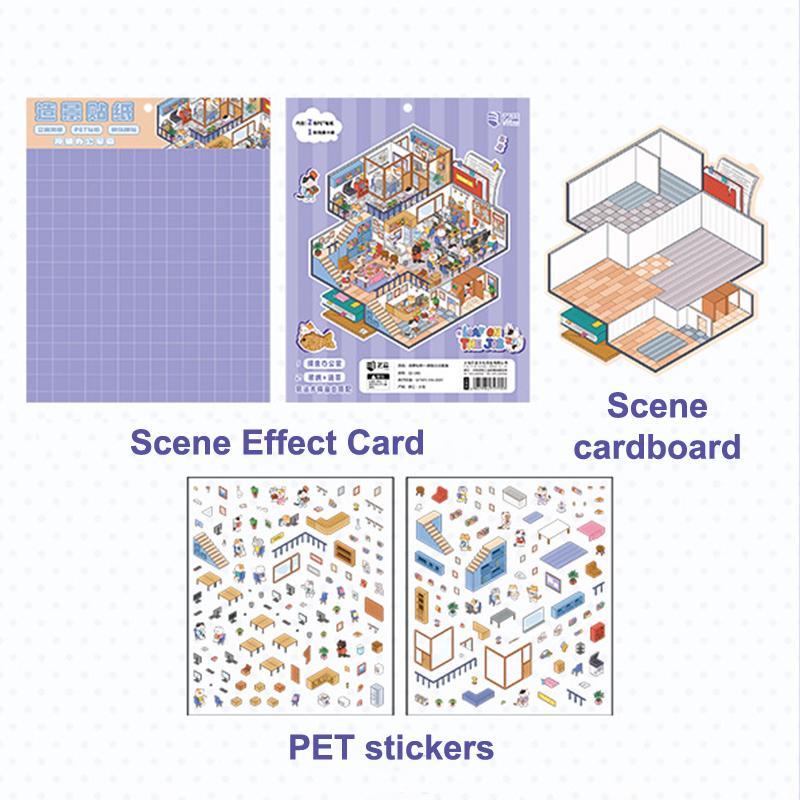 1Set Cartoon Diy 3D Stickers Pocket Cabin Scene Stacking Pasting Stickers Large Miniature Scene Stickers Birthday Gifts