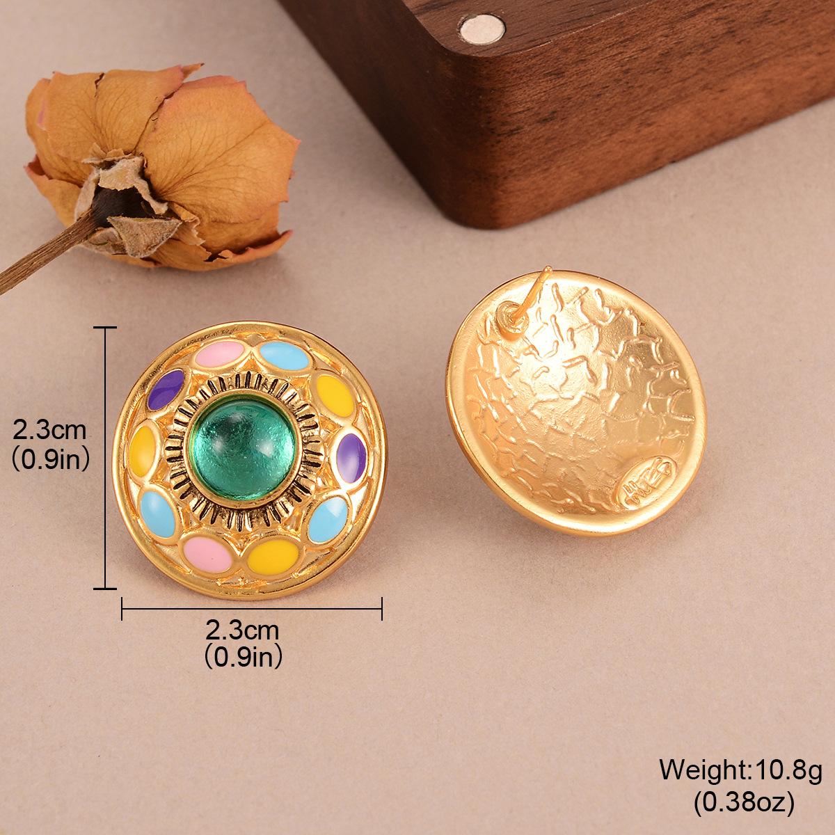 

Vintage lake blue green glass round oil drop earrings fresh and colorful contrasting colors niche high-end stud earrings