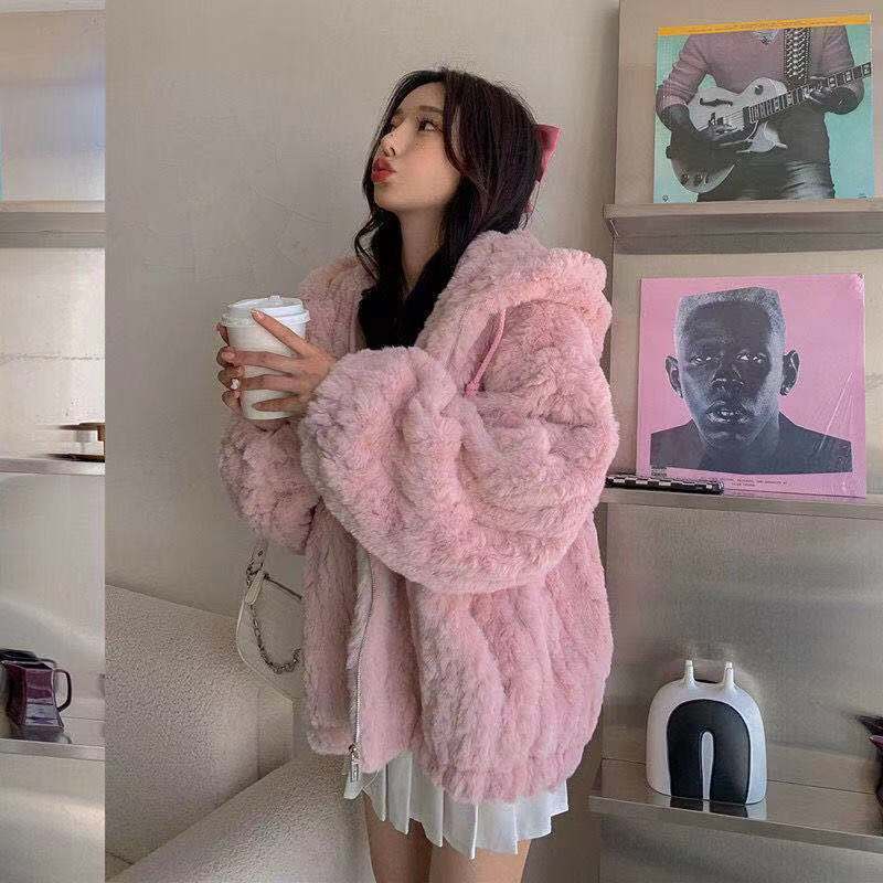 

Меховая куртка осень и зима женская искусственный мех кролика с капюшоном тканая толстая корейская версия свободный крой женская верхняя одежда XXL розовый