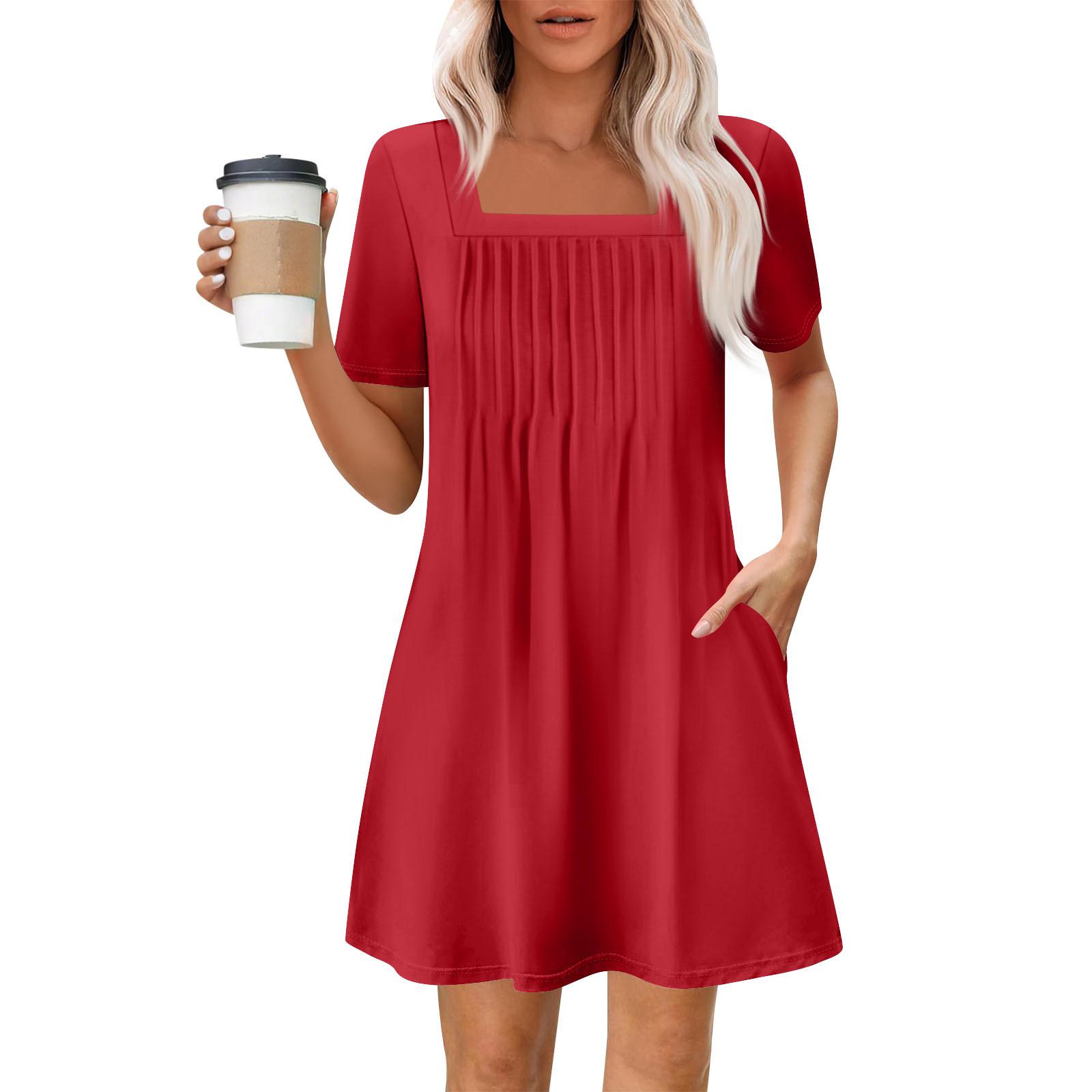 

Женские летние повседневные платья с квадратным вырезом, плиссировкой спереди и карманом, с короткими рукавами и принтом S винный