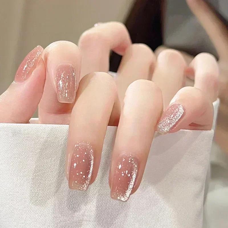 24Pcs Cute Short Square Press On Nails Cat Eye Glitter Diamond Full Cover Artificial Nail Tips For Girls