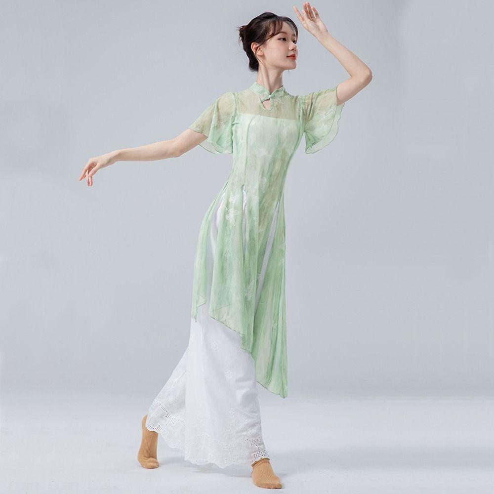 Cheongsam Neck Classical Dance Top Split Hem Dance Mesh Top Fashion Hanfu Blouse Women