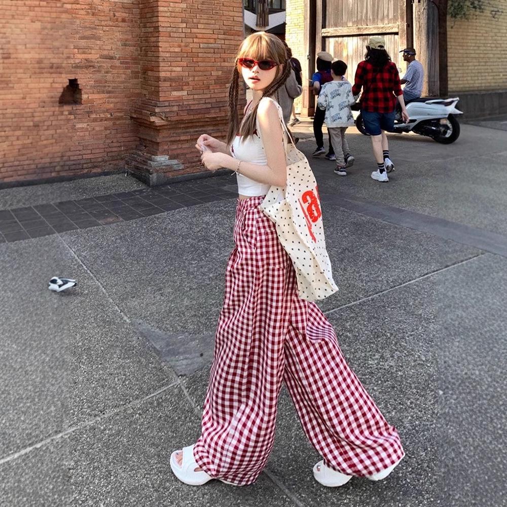 Women's Retro Red Plaid High-Waisted Wide-Leg Pants - 2025 Spring Collection