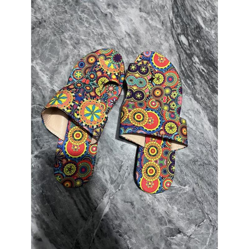 Large size cool slippers women's  summer new flat bottom printing set toe style flat heel