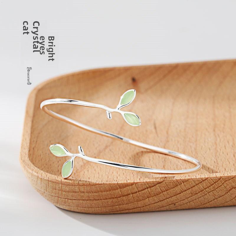 

Minimalist Green Cat s Eye Leaf Open Bangle, Delicate Silver Cuff Bracelet Budding Bracelet