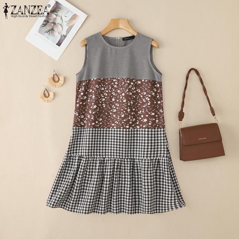 ZANZEA Women Floral Print Patchwork Summer Sleeveless Plaid Dress