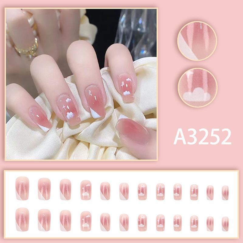 

24Pcs French Cloud Stars Short Square Head Press On False Nails With Jelly Adhesive Glitter Design Detachable Fake Fingernails one size