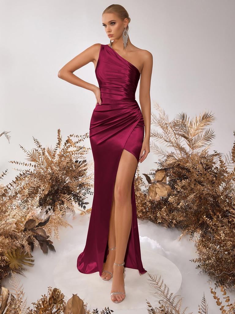 European & American Fashion Ruched One-Shoulder Bodycon Slit Evening Dress – Sexy Goddess Style
