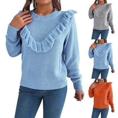 Damesmode Casual Losse Effen Kleur Ronde Hals Ruche Trui Lange Mouw Pullover Top