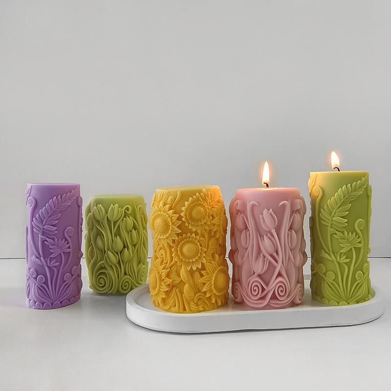 Flower Pillar Silicone Mold Relief Cylindrical Candle Mold DIY Handmade Soap Gypsum Resin Candle Making Tool Christmas  Decor