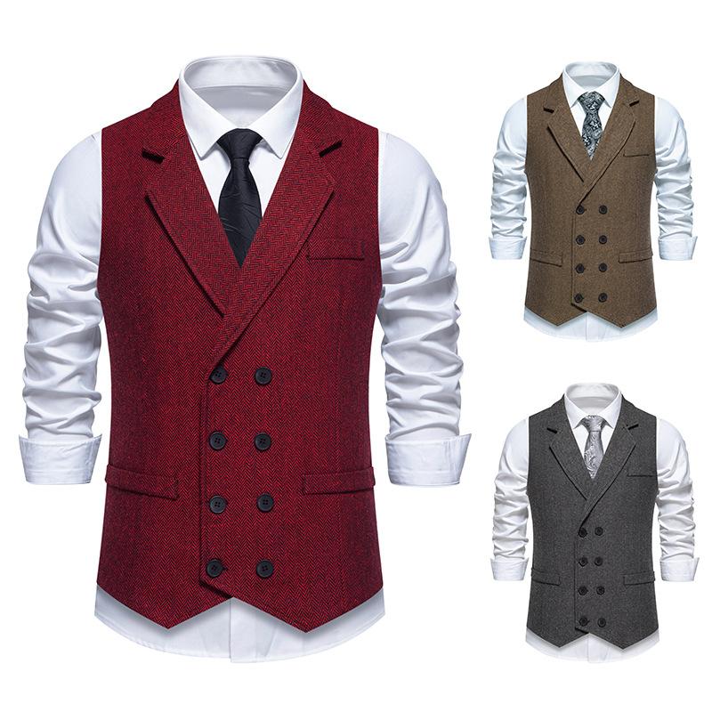 Autumn Men's Herringbone Stitched Satin Inner Vest Business Casual Formal Suit Fake Pocket Vest Double Breasted Suit Vest
