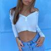 Spring Autumn Women Knit Skinny Casual Crop Tops Femme Vintage Front Buttons Slim Fit Pullover Chic T shirt