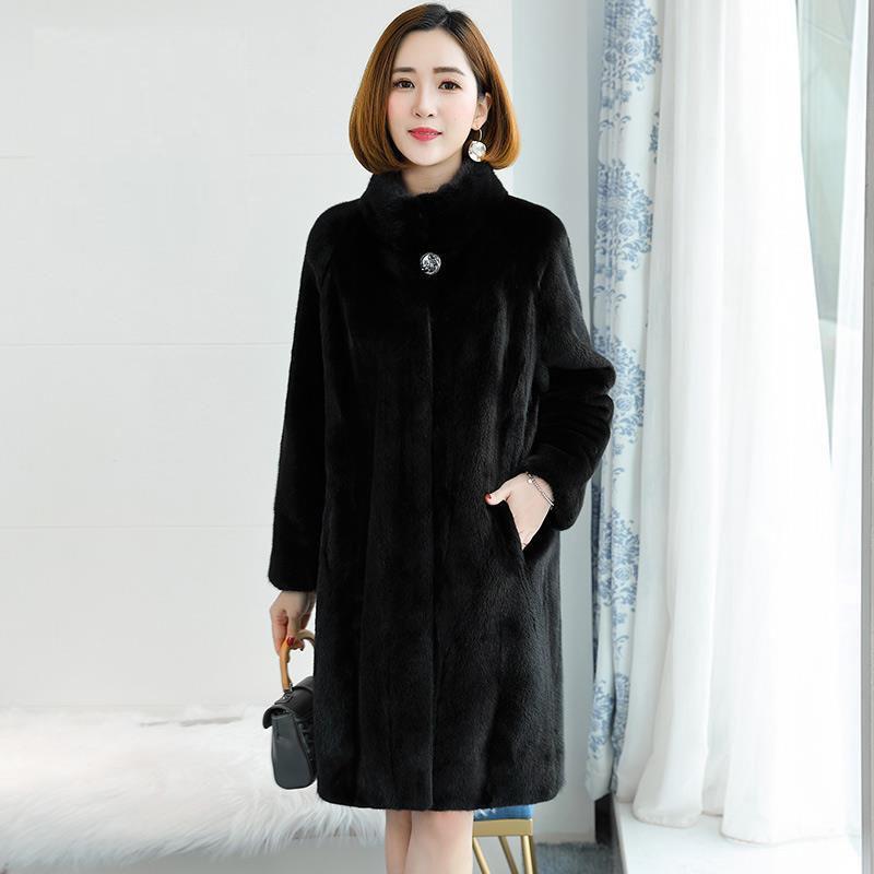 Autumn and Winter Women's Imitation Mink Fur Coat Mid-length Stand Collar Plus Cotton Thickened Loose and Thin Imitation Mink Fur Coat