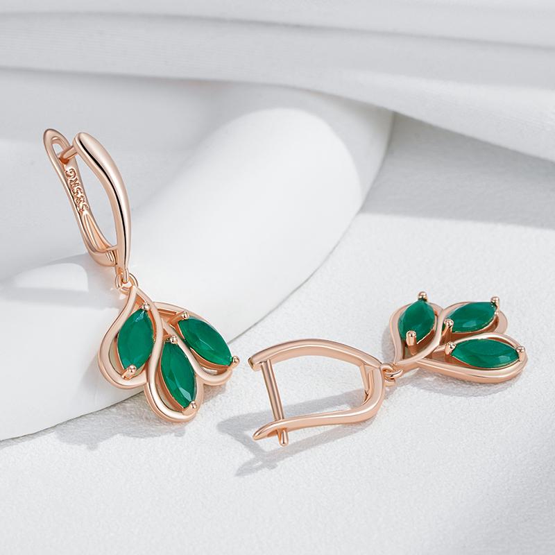Green Crystal Flower Drop Earrings For Women Luxury  Rose Gold Color Natural Zircon Accessories Vintage Jewelry