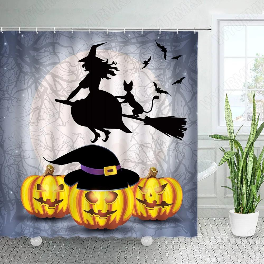 Hororová Halloweenská Sprchová Závěs Zábavná Dýně Čarodějnice Černá Kočka Mrtvý Strom Hrad Noční Scenérie Látka Koupelnová Dekorace Sprchové Závěsy