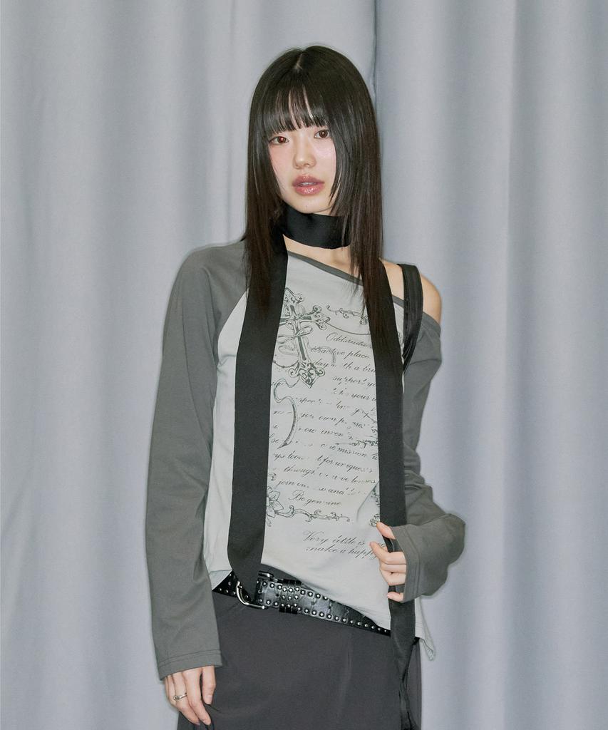 ODDSTUDIO Cross Ornament Off-Shoulder Raglan Long Sleeve - Ash Gray