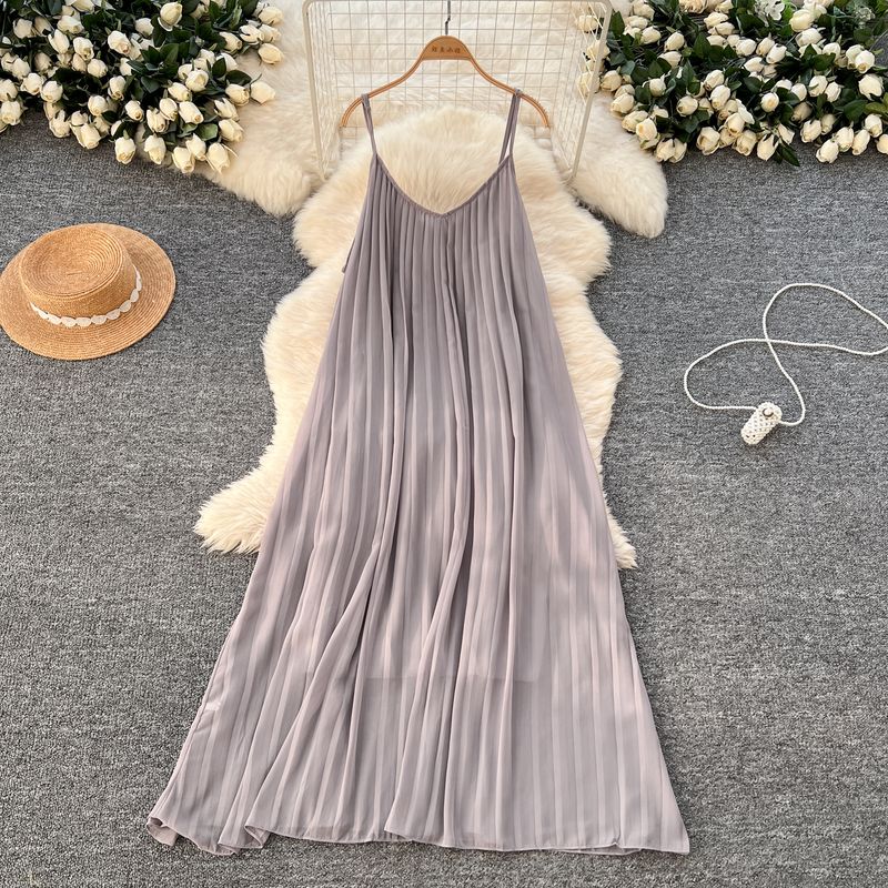 Idle Style Chiffon Pleated Long Sling Vacation Skirt