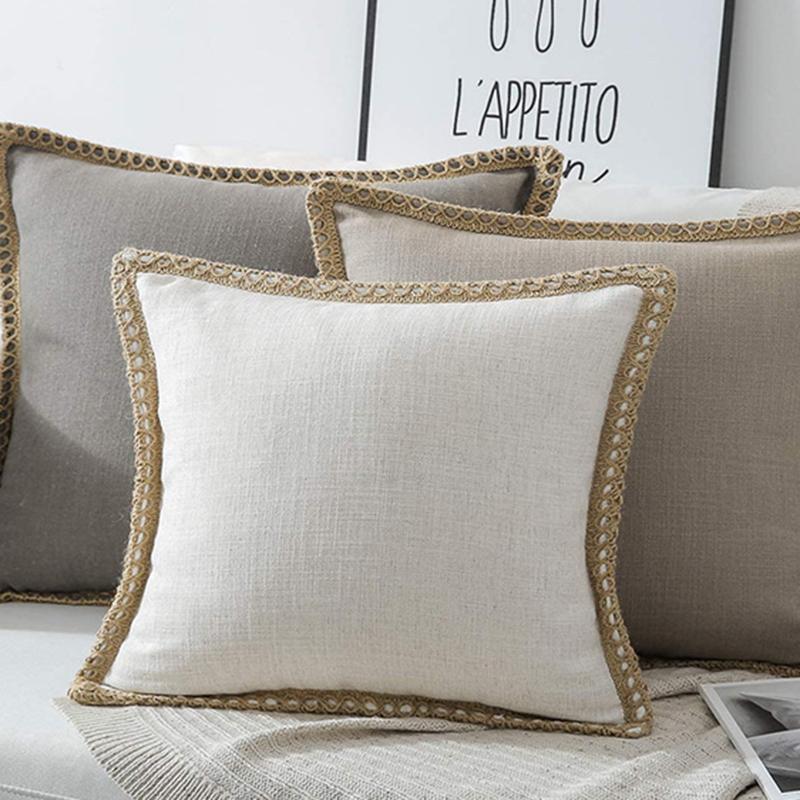 45*45cm Home Solid Colour Linen Trimmed Pillow Cover Hemp Rope Wrapped Medium Hemp Pillow Case Not Included Home Textile