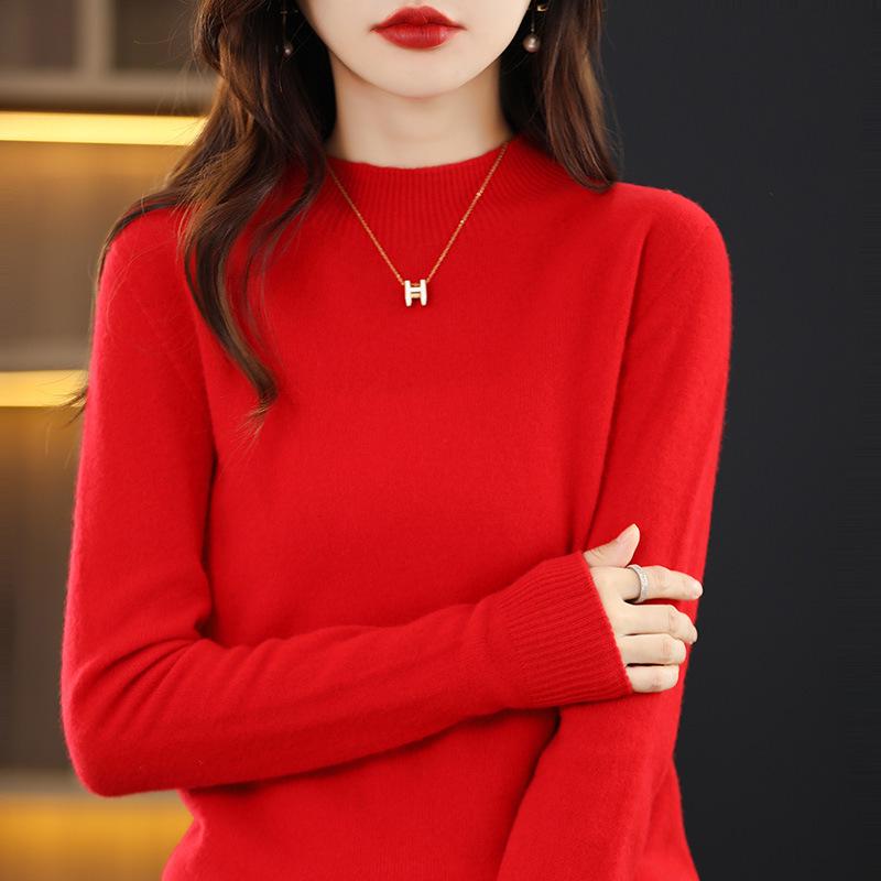 Women's Slim-Fit High Neck Wool Sweater - Autumn/Winter 2023 Collection, Solid Color, Base Layer