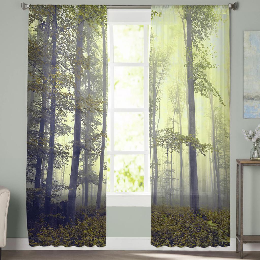 Youth Bedroom Sheer Curtains Autumn Wild Trees Forest Kitchen Study Curtains Living Room Holiday Decor Tulle Curtains