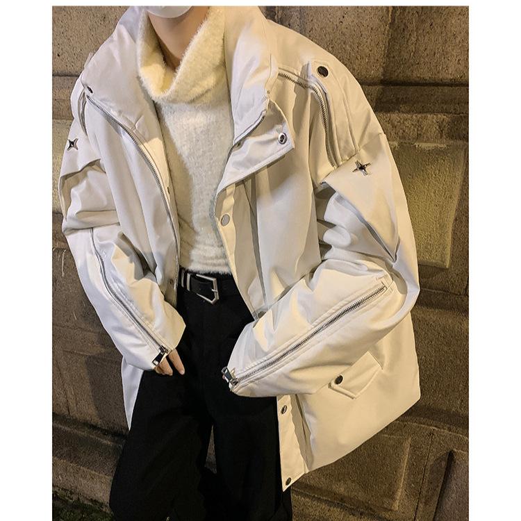 

Белая куртка из искусственной кожи с хлопковым наполнителем, мужская зимняя куртка в стиле хай-стрит, молодежное пальто, нишевый воротник, куртка с хлопковым наполнителем M