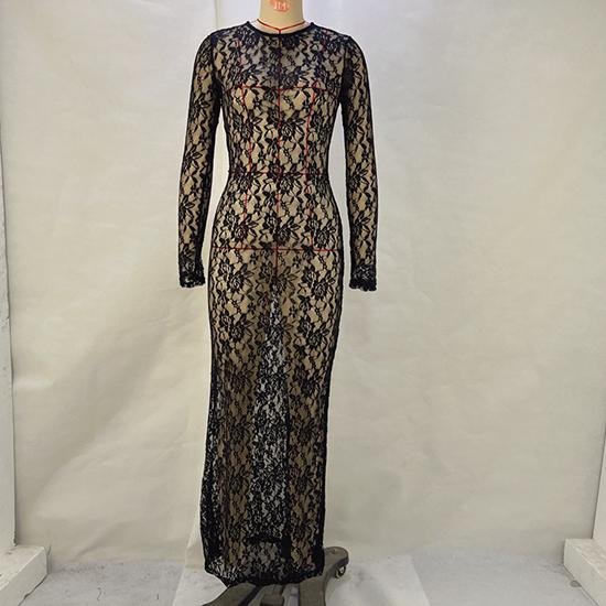 Spring and Summer European and American Women's Solid Color Lace See Through Long Sleeved Mid Length Dress, Vacation Long Dress