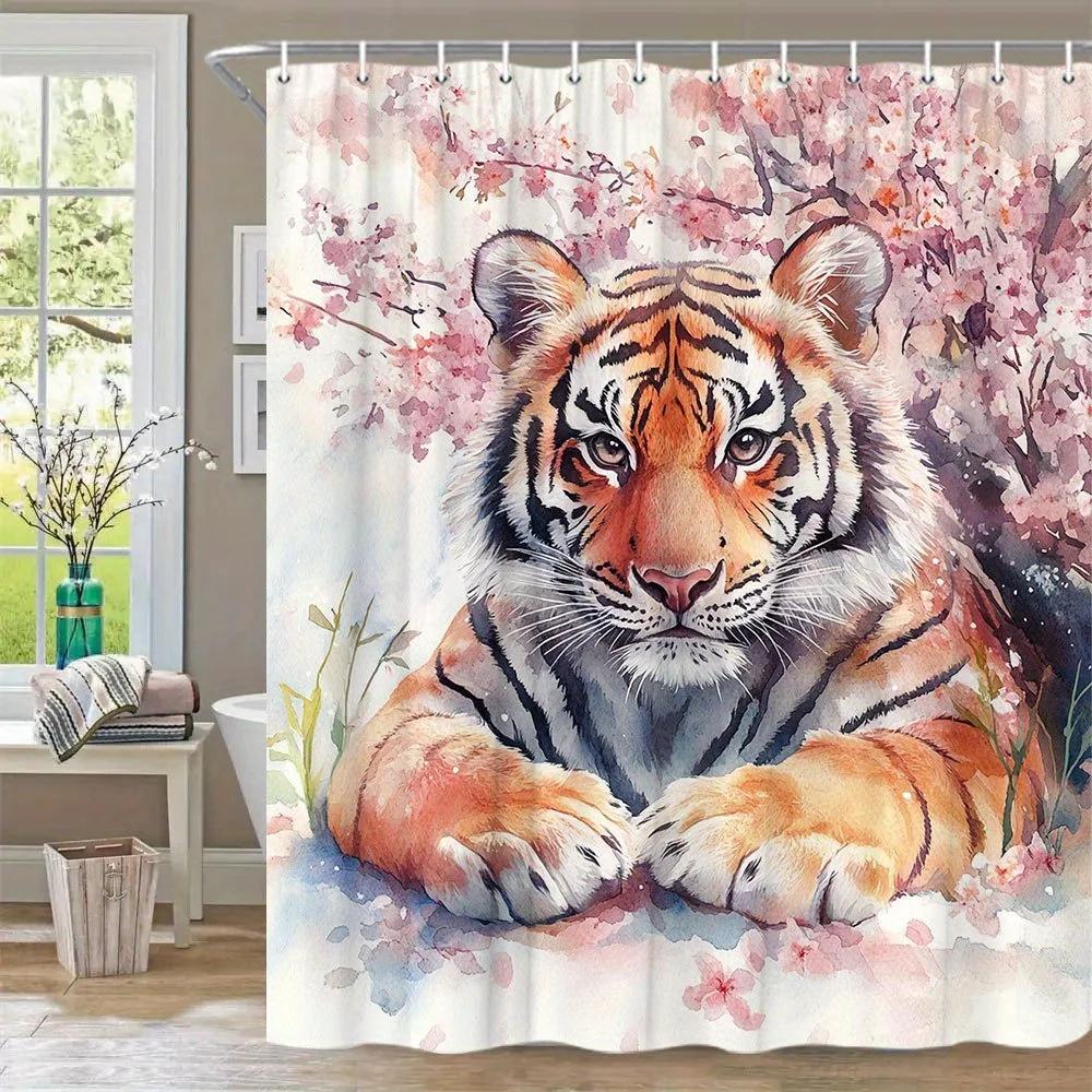 1pc Majestic Tiger & Cherry Blossom Shower Curtain - 70x70 Inch, Orange Black Stripes, Green Eyes, Pink Flowers, Watercolor Styl W90xH180cm