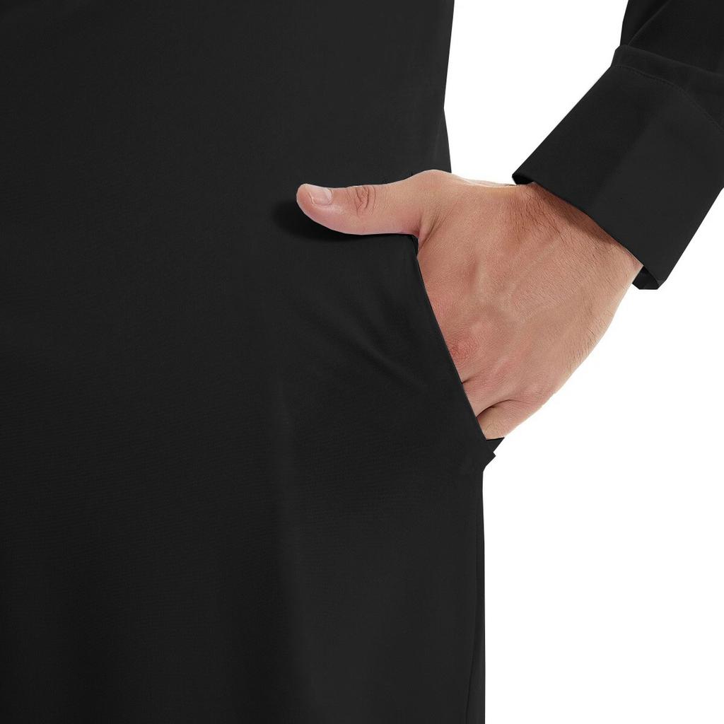 Men's Muslim Robe Solid Color Long Sleeve POLO Neck Pocket Loose Muslim Robe