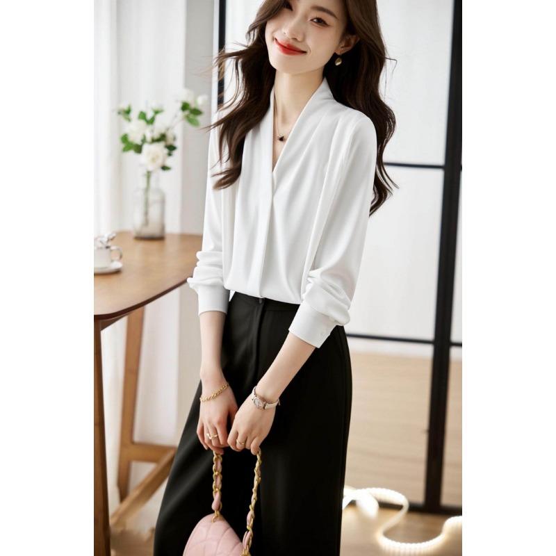 Women V Neck Satin Blouse Long Sleeve Solid Color Office Wear Casual Shirt