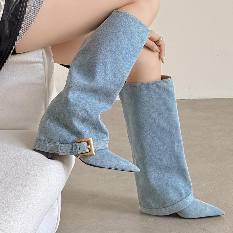 High-end Knee High Cowboy Boots Women's Luxury Pointed Toe Heels Shoes Elegant Party Long Chelsea Boots Winter Pumps Mujer Botas